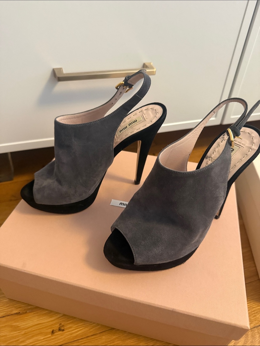 Miu Miu Gray Suede Peep-Toe Slingback Heels with Black Accents